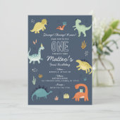 Cute Dinosaur First Birthday Party Invitation Kaart (Staand voorkant)