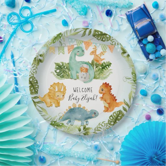 Cute Dinosaur Foliage Waterverf Baby Boy Shower Papieren Bordje (Feest)