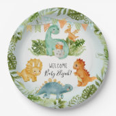 Cute Dinosaur Foliage Waterverf Baby Boy Shower Papieren Bordje (Voorkant)
