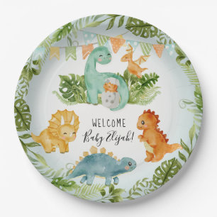 Cute Dinosaur Foliage Waterverf Baby Boy Shower Papieren Bordje