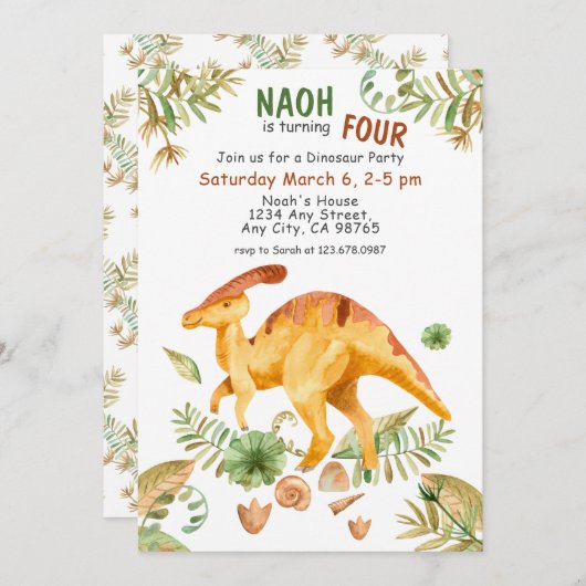 Cute Dinosaur Fourth Birthday Party Invitation Kaart (Voorkant / Achterkant)
