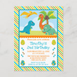 Cute Dinosaur Friends Kids Birthday Briefkaart<br><div class="desc">Kutkleurige dinosaurusvrienden ontwerpen met tropische bomen en zonneschijn,  met dinosauruseieren en prints klipart op een stripey blauwe,  groene,  gele en oranje achtergrond</div>