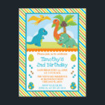 Cute Dinosaur Friends Kids Birthday Briefkaart<br><div class="desc">Kutkleurige dinosaurusvrienden ontwerpen met tropische bomen en zonneschijn,  met dinosauruseieren en prints klipart op een stripey blauwe,  groene,  gele en oranje achtergrond</div>
