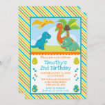 Cute Dinosaur Friends Kids Birthday Kaart<br><div class="desc">Kutkleurige dinosaurusvrienden ontwerpen met tropische bomen en zonneschijn,  met dinosauruseieren en prints klipart op een stripey blauwe,  groene,  gele en oranje achtergrond</div>