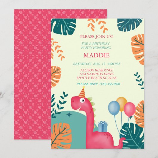 Cute Dinosaur Girls Birthday Party Invitation Kaart (Voorkant / Achterkant)