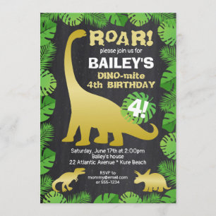 Cute Dinosaur Gold Tropical Chalkboard Birthday Kaart