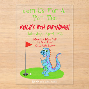 Cute Dinosaur Golf Thlek Kids Birthday Acryl Uitnodigingen