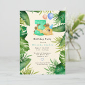 Cute Dinosaur Green Leaves 3rd Birthday Party Kaart (Staand voorkant)