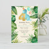 Cute Dinosaur Green Leaves 4e verjaardag Kaart (Staand voorkant)