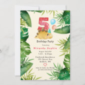 Cute Dinosaur Green Leaves 5th Birthday Party Kaart (Voorkant)