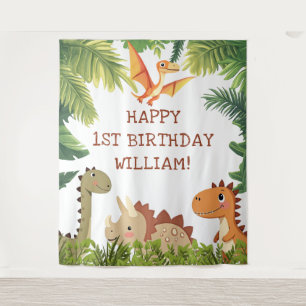 Cute Dinosaur Groene Verjaardagsfeest Achtergrond Wandkleed