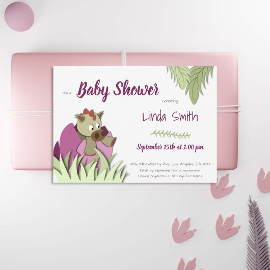 Cute Dinosaur Hatching Pink Girl Baby shower Kaart