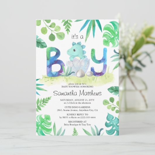 Cute Dinosaur 'Het is een jongen'-Baby shower Kaart (Staand voorkant)
