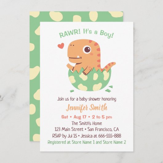 Cute Dinosaur in Egg Rawr in zijn Baby shower van  Kaart (Voorkant / Achterkant)