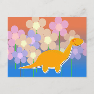 Cute Dinosaur in Flower Field Briefkaart