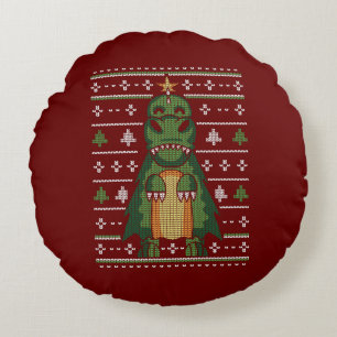 Cute Dinosaur-kerstboom Ugly Sweater Design Rond Kussen