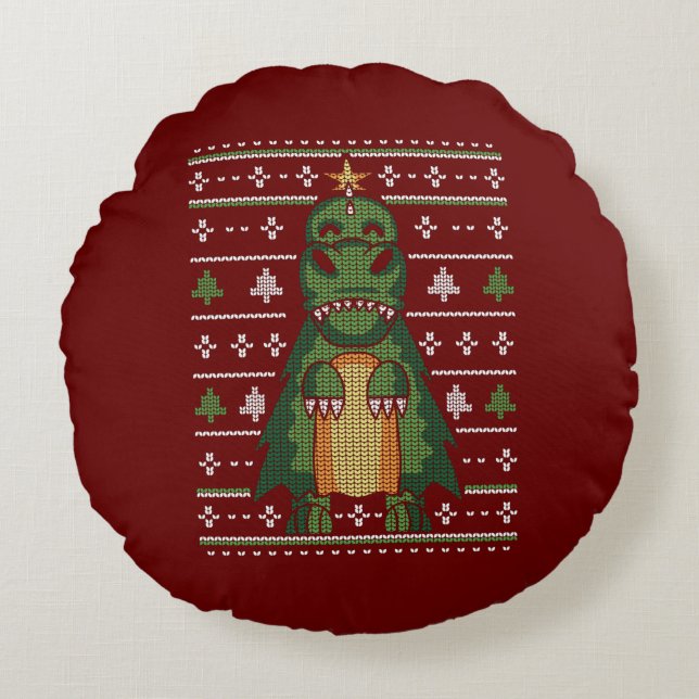 Cute Dinosaur-kerstboom Ugly Sweater Design Rond Kussen (Voorkant)