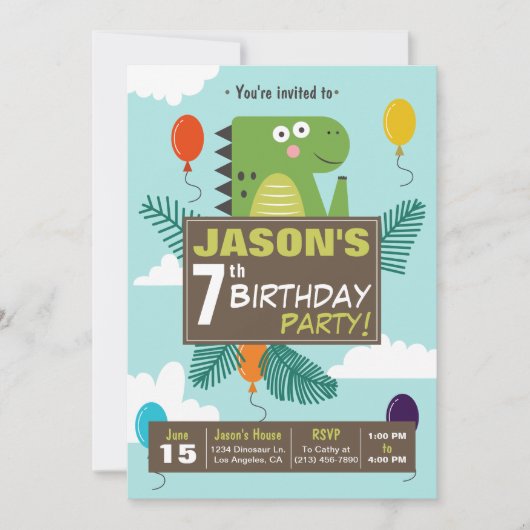 Cute Dinosaur Kids Birthday Party Invitation Kaart (Voorkant)