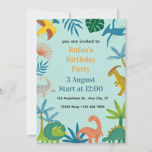 Cute Dinosaur Kids Birthday Party Invitation Kaart (Voorkant)