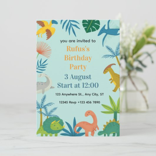 Cute Dinosaur Kids Birthday Party Invitation Kaart (Staand voorkant)