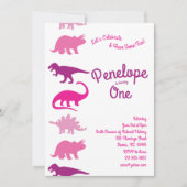 Cute Dinosaur Kinder 1st Birthday Pink Dino Party Kaart (Voorkant)
