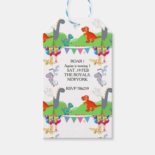 Cute Dinosaur Kinderen Verjaardagsuitnodiging Cadeaulabel (Voorkant)