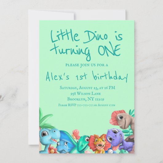 Cute Dinosaur Little Dino draait One Birthday Kaart (Voorkant)