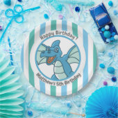 Cute Dinosaur met Blue Green Stripes Papieren Bordje (Feest)