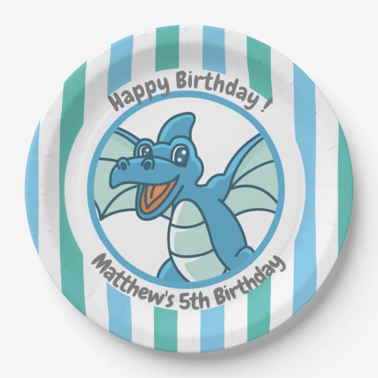 Cute Dinosaur met Blue Green Stripes Papieren Bordje (Voorkant)