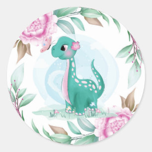 Cute Dinosaur met het Baby shower Pink Peony Ronde Sticker