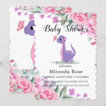 Cute Dinosaur met roze pony Baby Girl Shower Inv