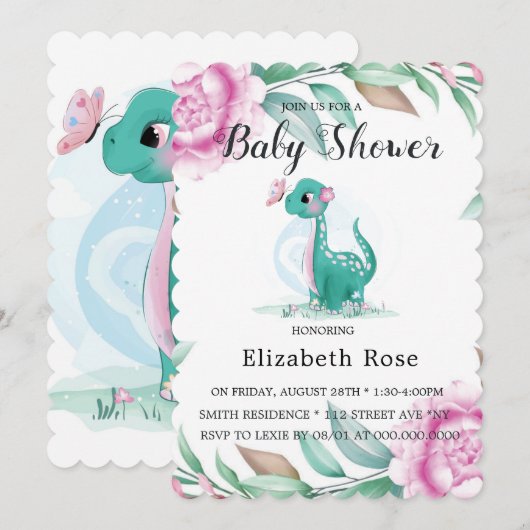 Cute Dinosaur met roze pony Baby Girl Shower Kaart (Voorkant / Achterkant)