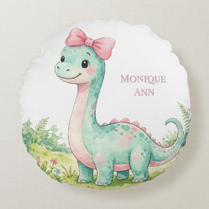 Cute Dinosaur Met Roze Strik Baby Shower Cadeau Rond Kussen