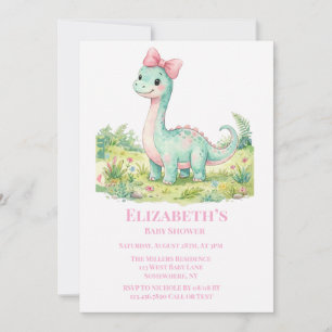 Cute Dinosaur Met Roze Strik Baby Shower Kaart