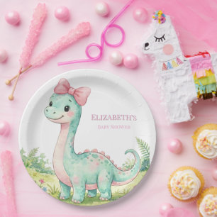 Cute Dinosaur Met Roze Strik Baby Shower Papieren Bordje