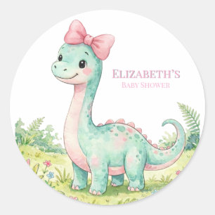 Cute Dinosaur Met Roze Strik Baby Shower Ronde Sticker