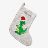 Cute Dinosaur met Santa Hat, Glittery Bokeh Kleine Kerstsok (Voorkant (Hangend))