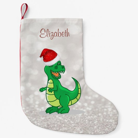 Cute Dinosaur met Santa Hat, Glittery Bokeh Kleine Kerstsok (Voorkant)