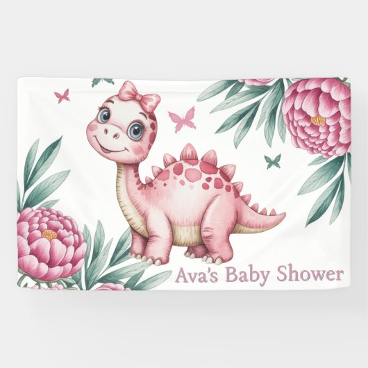 Cute Dinosaur met Vlinders Baby Shower Spandoek (Horizontaal)