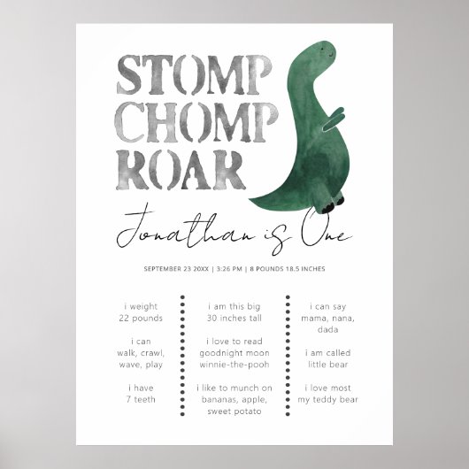 Cute Dinosaur Modern Boy 1st Birthday Milestone Poster (Voorkant)