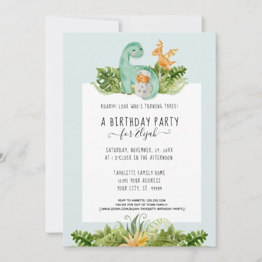 Cute Dinosaur Oerwoud Foliage Birthday Party Boy Kaart (Voorkant)