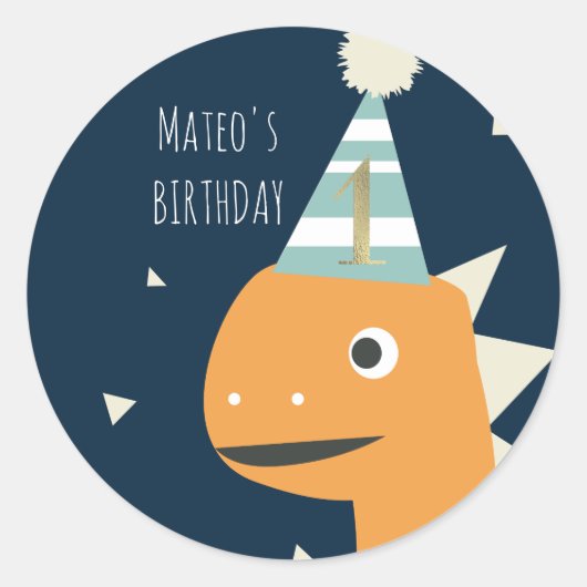 Cute Dinosaur One First Birthday Faux Gold Ronde Sticker (Voorkant)