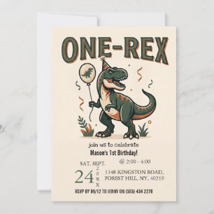 Cute Dinosaur One-Rex 1e verjaardagsuitnodiging Kaart