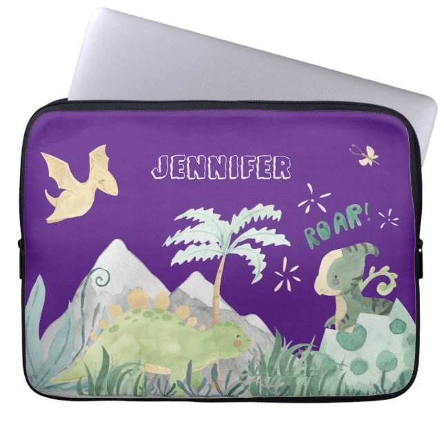 Cute Dinosaur Paarse School Laptop Sleeve (Voorkant)