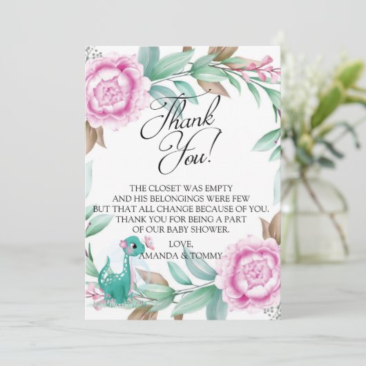 Cute Dinosaur Pink Bedankkaart (Staand voorkant)