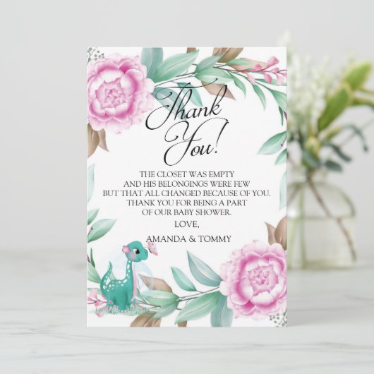 Cute Dinosaur Pink Hartelijk dank Bedankkaart (Staand voorkant)