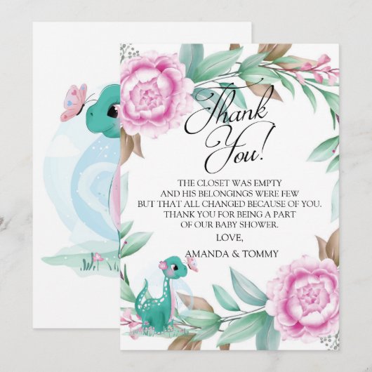 Cute Dinosaur Pink Hartelijk dank Bedankkaart (Voorkant / Achterkant)