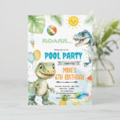 Cute dinosaur pool theme invitation kaart (Staand voorkant)