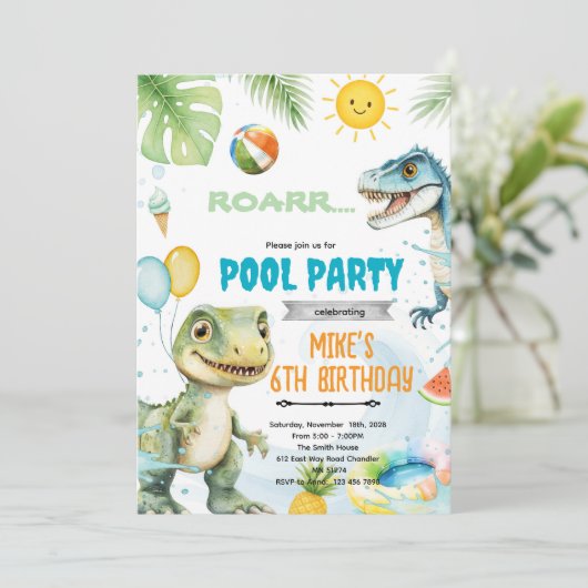 Cute dinosaur pool theme invitation kaart (Staand voorkant)
