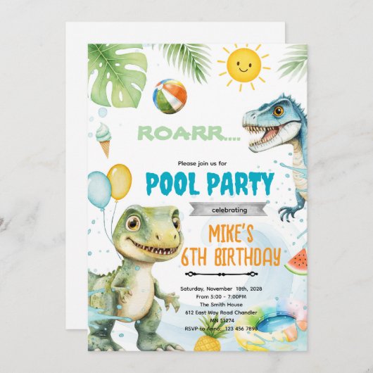 Cute dinosaur pool theme invitation kaart (Voorkant / Achterkant)